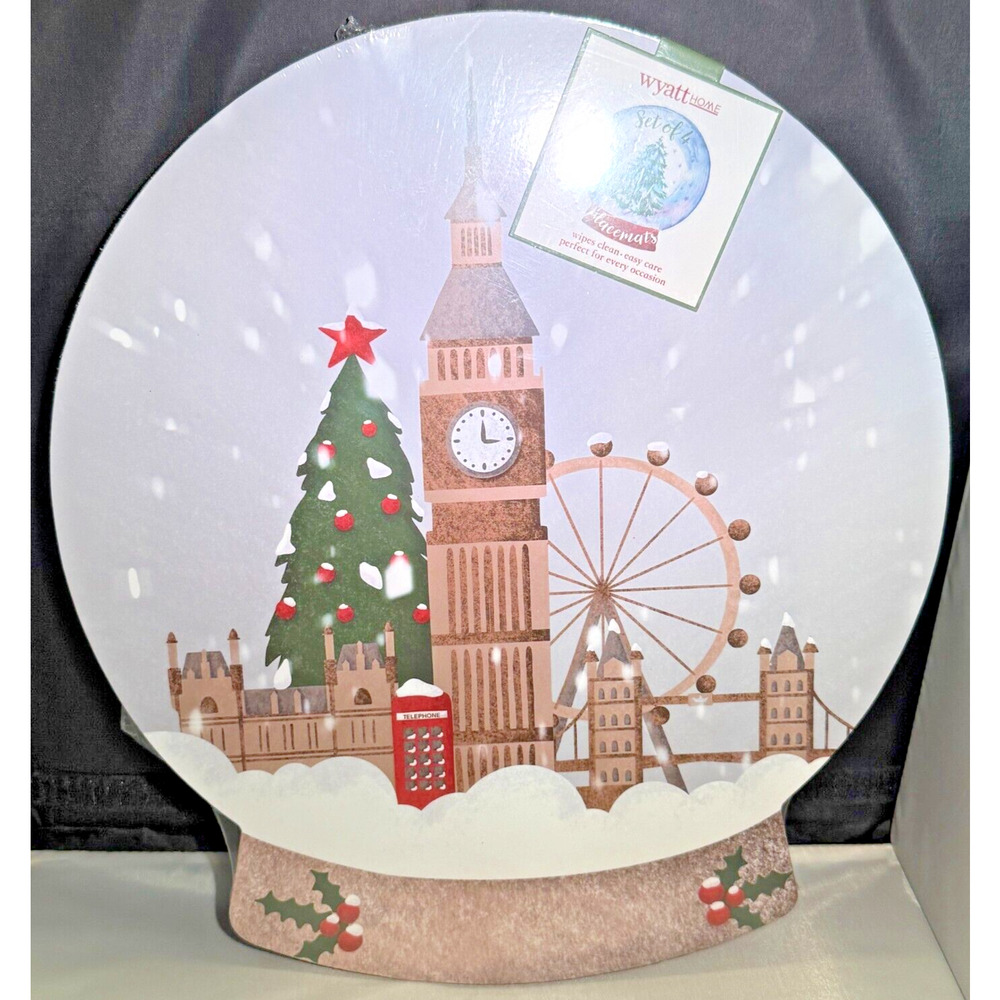 Wyatt Home Round London Snow Globe Pattern Christmas Placemats MDF/Cork Back